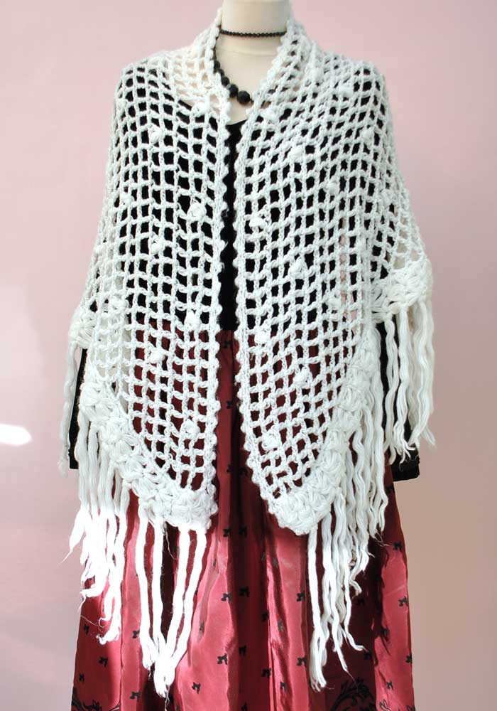 Vintage 60s White Boho Crochet Shawl