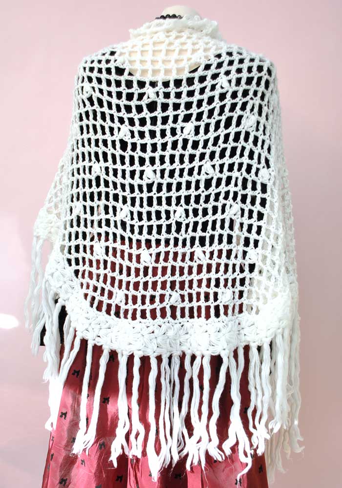 Vtg 1960s White Hand Crochet Shawl