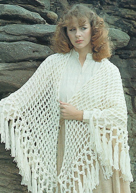 Vintage 60s White Boho Crochet Shawl Wrap with Tassels