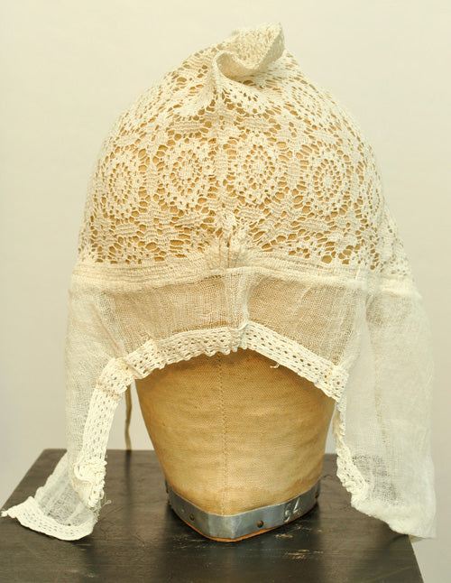Antique ivory crochet lace and muslin night bonnet boudoir cap