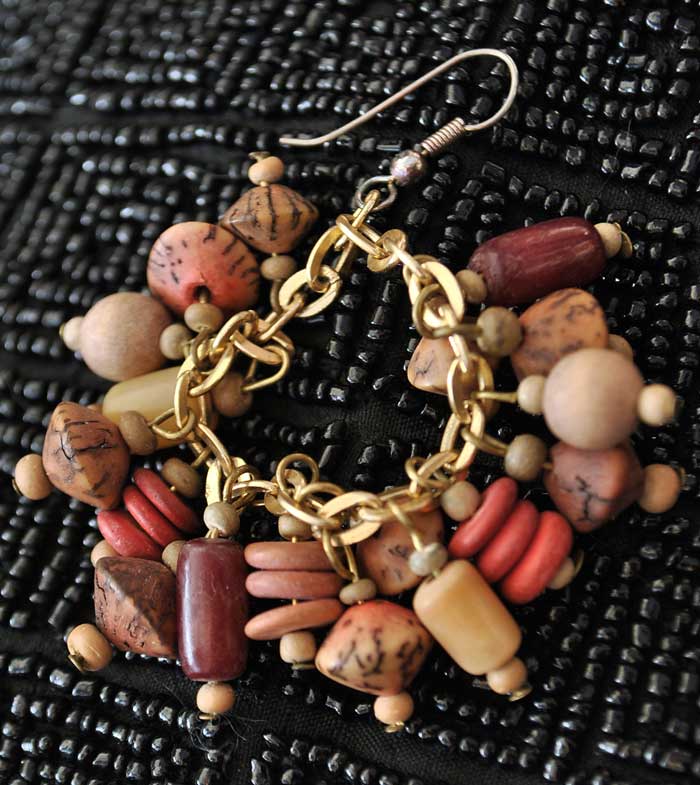 Vintage Wood Bead Seeds Cluster Dangle Earrings • Boho