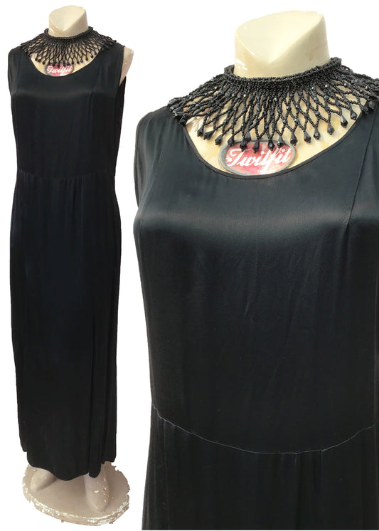 Vintage 20s Black Liquid Satin Sleeveless Dress • Haute couture Mme Jusseanne