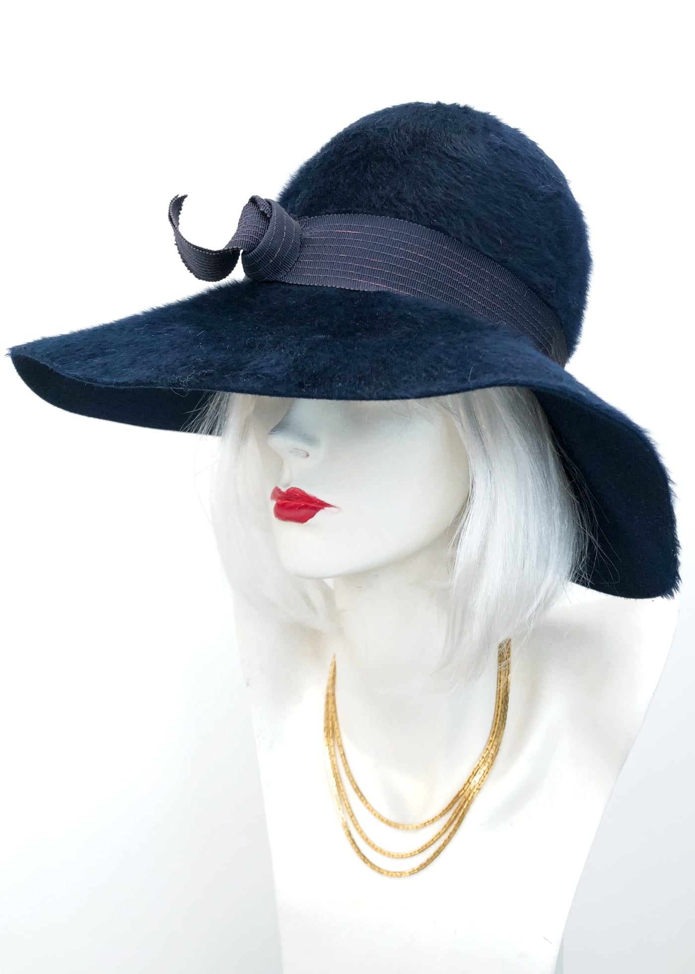 Vintage 60s Blue Furry Felt Wide Brim Cloche Hat • 30s Style Bucket Hat