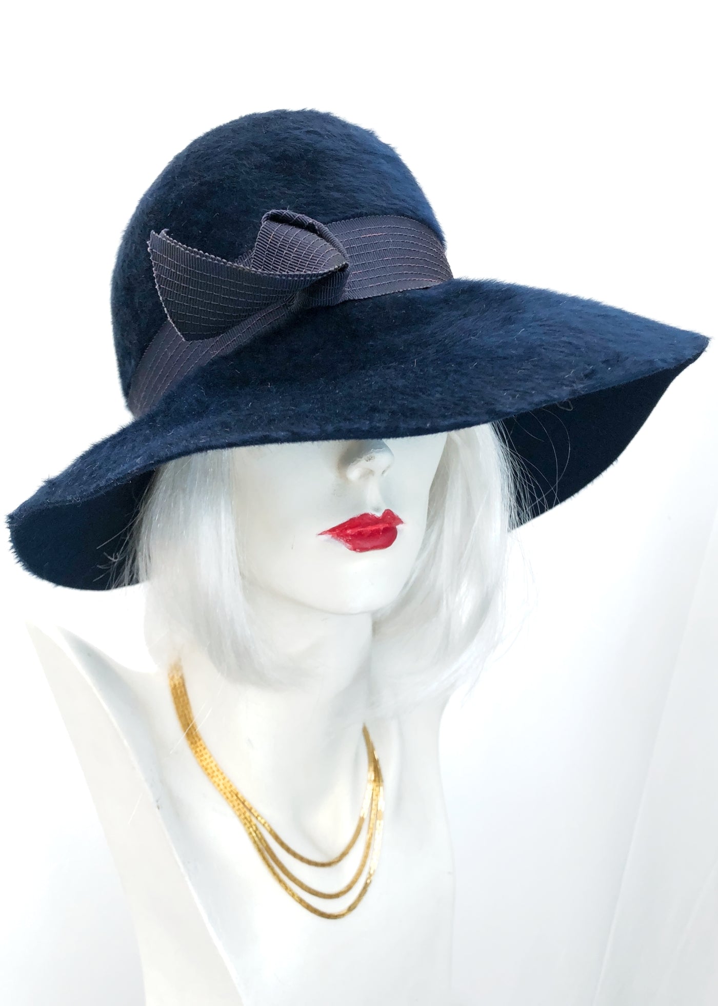 Vintage 60s Blue Furry Felt Wide Brim Cloche Hat • 30s Style Bucket Hat