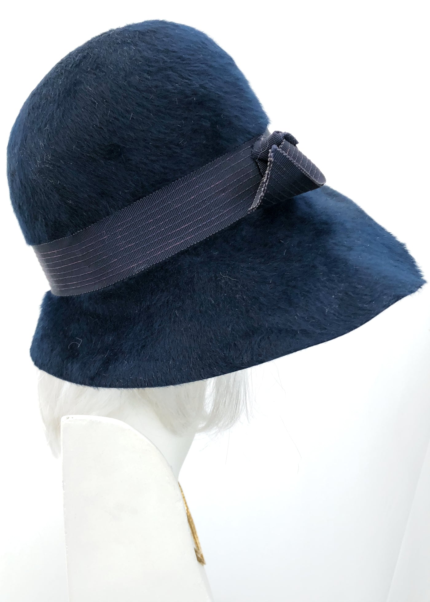 Vintage 60s Blue Furry Felt Wide Brim Cloche Hat • 30s Style Bucket Hat
