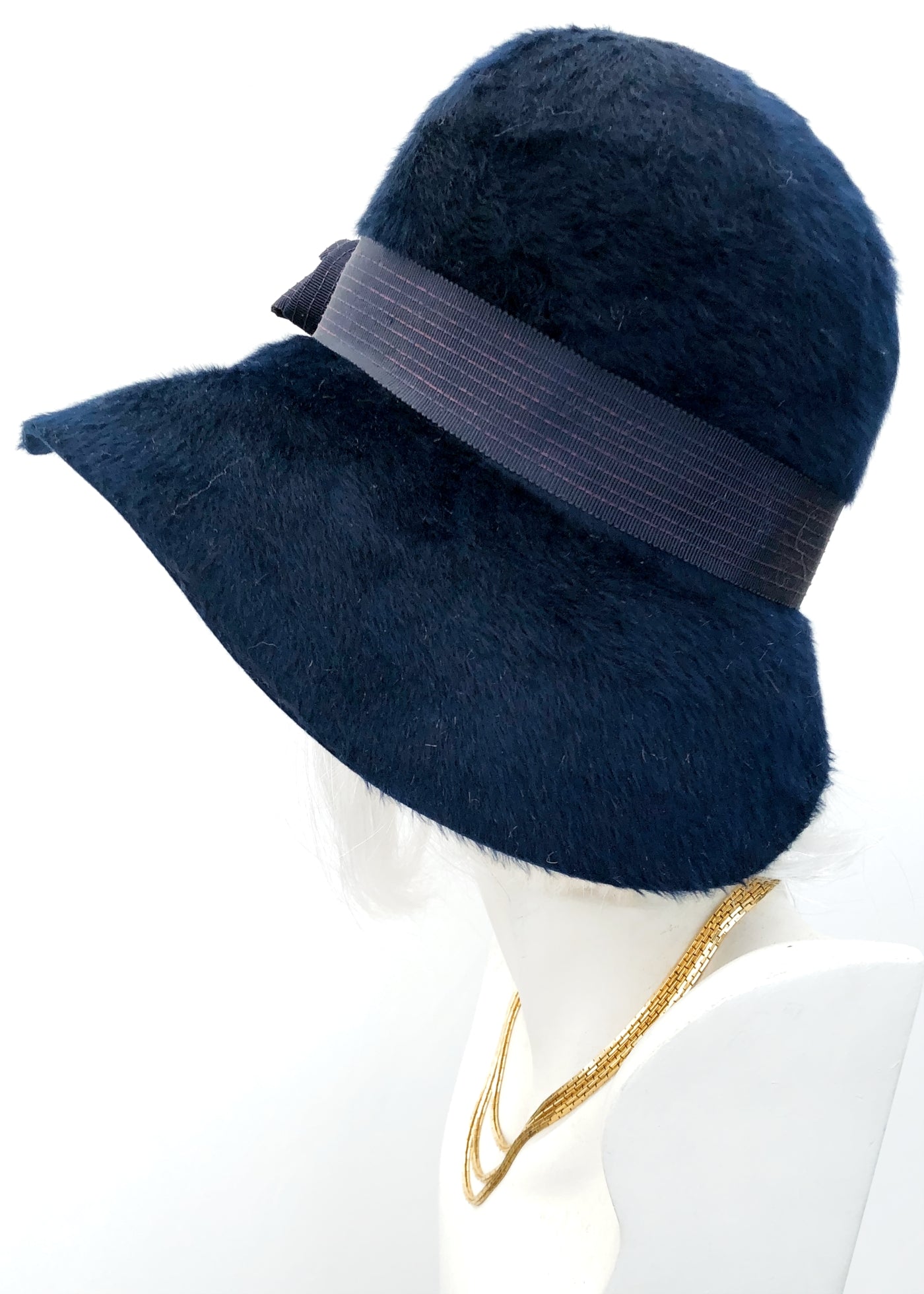 Vintage 60s Blue Furry Felt Wide Brim Cloche Hat • 30s Style Bucket Hat