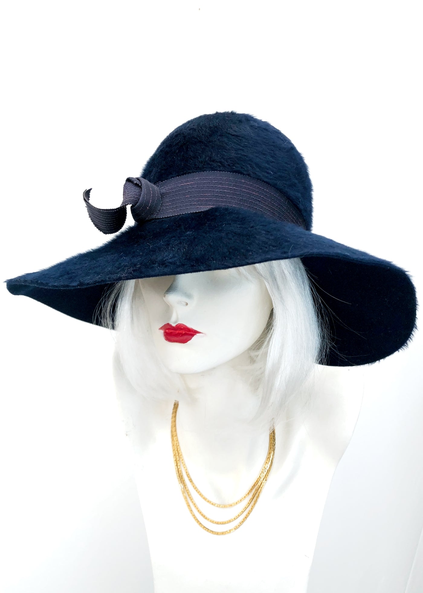 Vintage 60s Blue Furry Felt Wide Brim Cloche Hat • 30s Style Bucket Hat