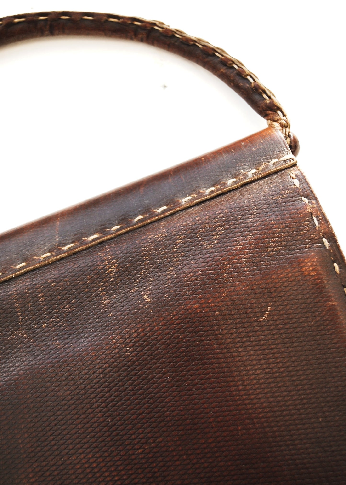 1940s Vintage Brown Leather Hand Stitched Bag, Top Handle Handbag