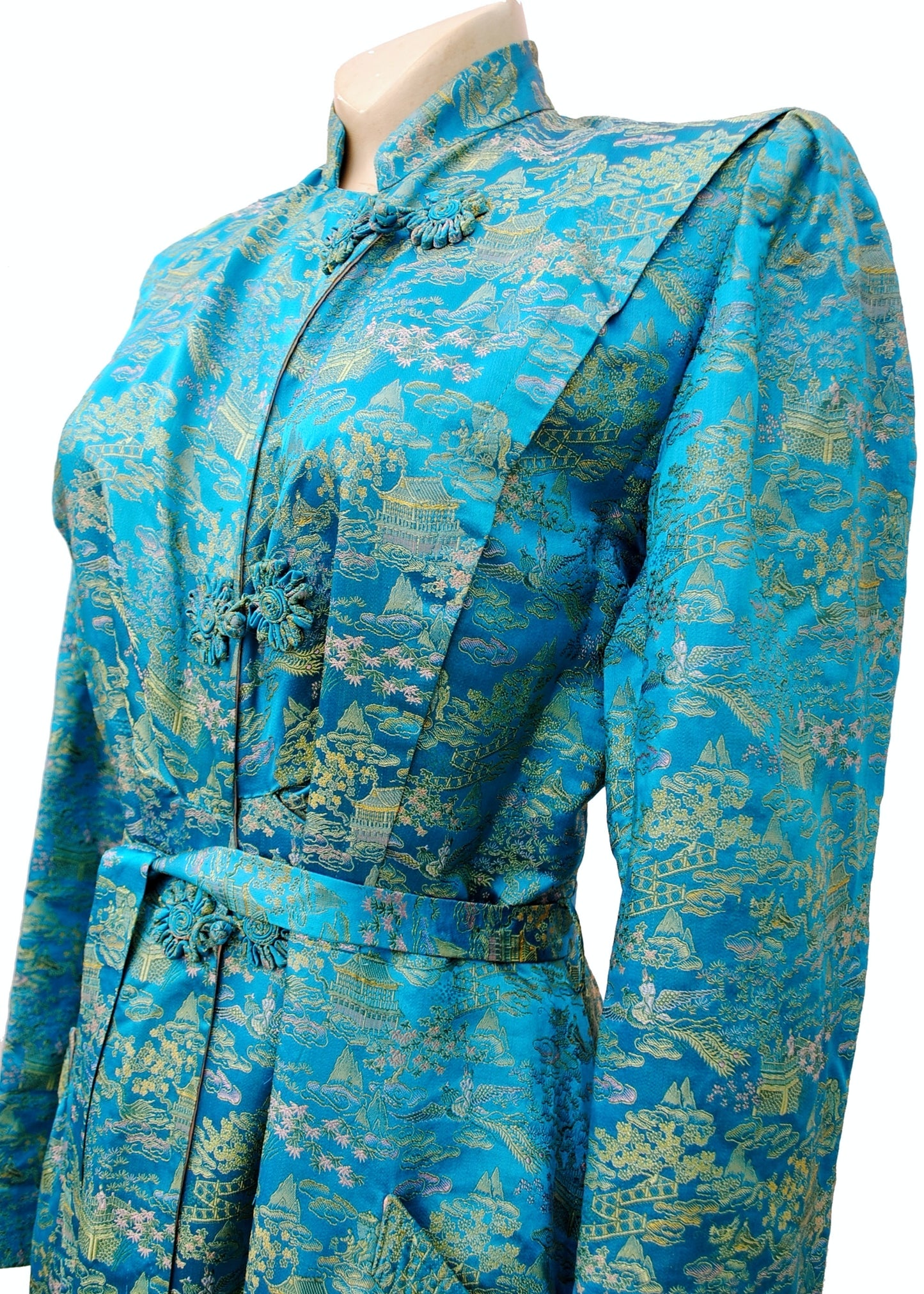 Stunning Vintage 40s Turquoise Brocade Housecoat with Slippers