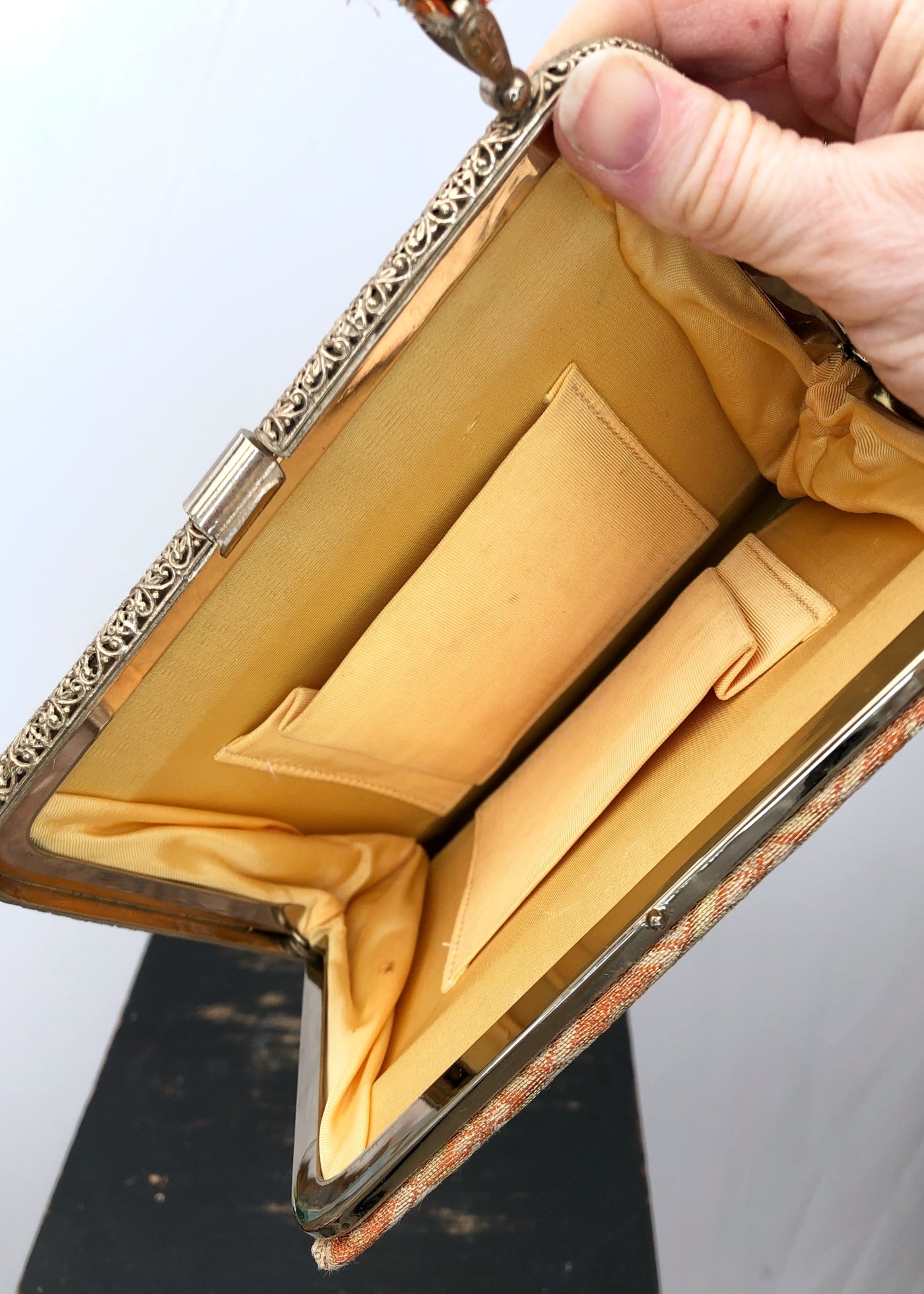 Vintage 50s Gold Brocade Lamé Purse with Yellow Lining