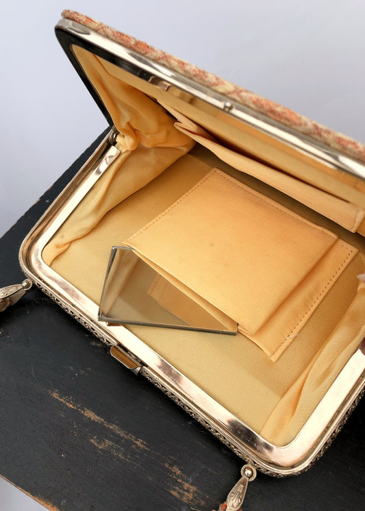 Vintage 50s Gold Brocade Lamé Purse with Yellow Lining