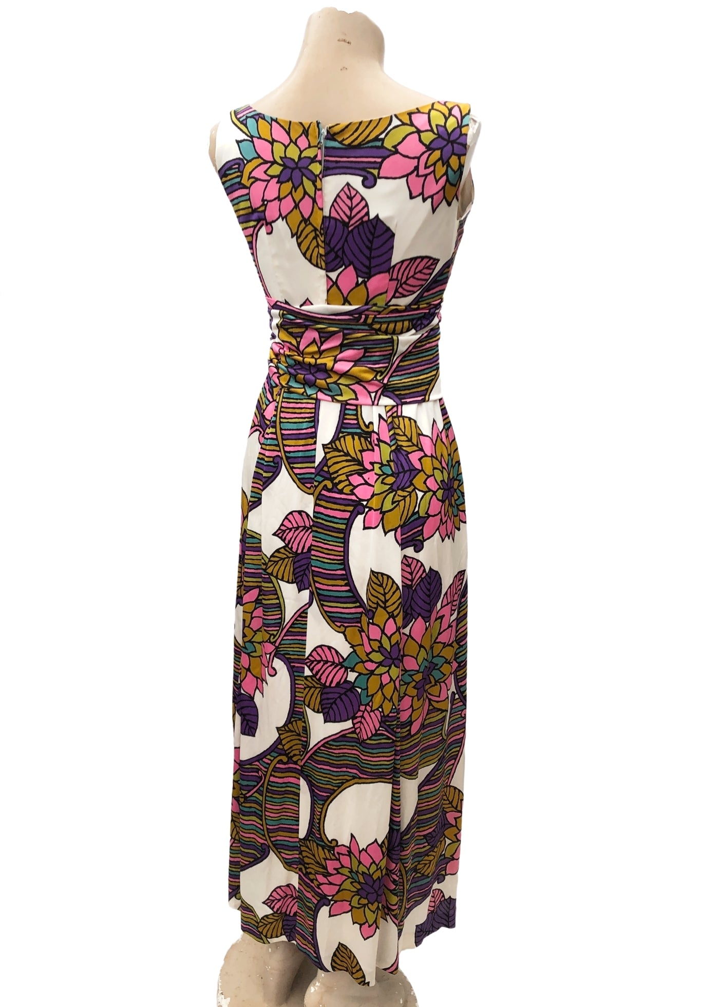 1960s Vintage Sleeveless Maxi Dress • Bold Floral Print • Pearl Accent