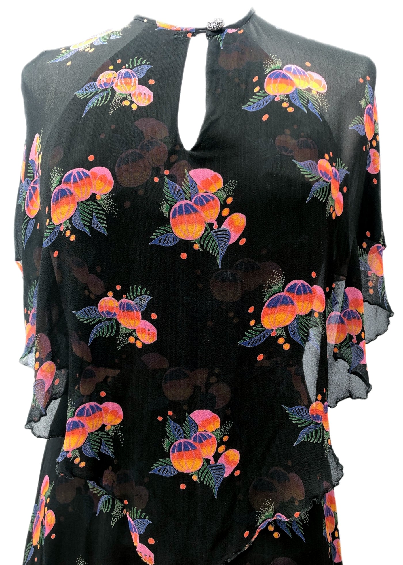 Vintage 70s does 30s Chiffon Caped Tiered Peplum Dress • Sleeveless