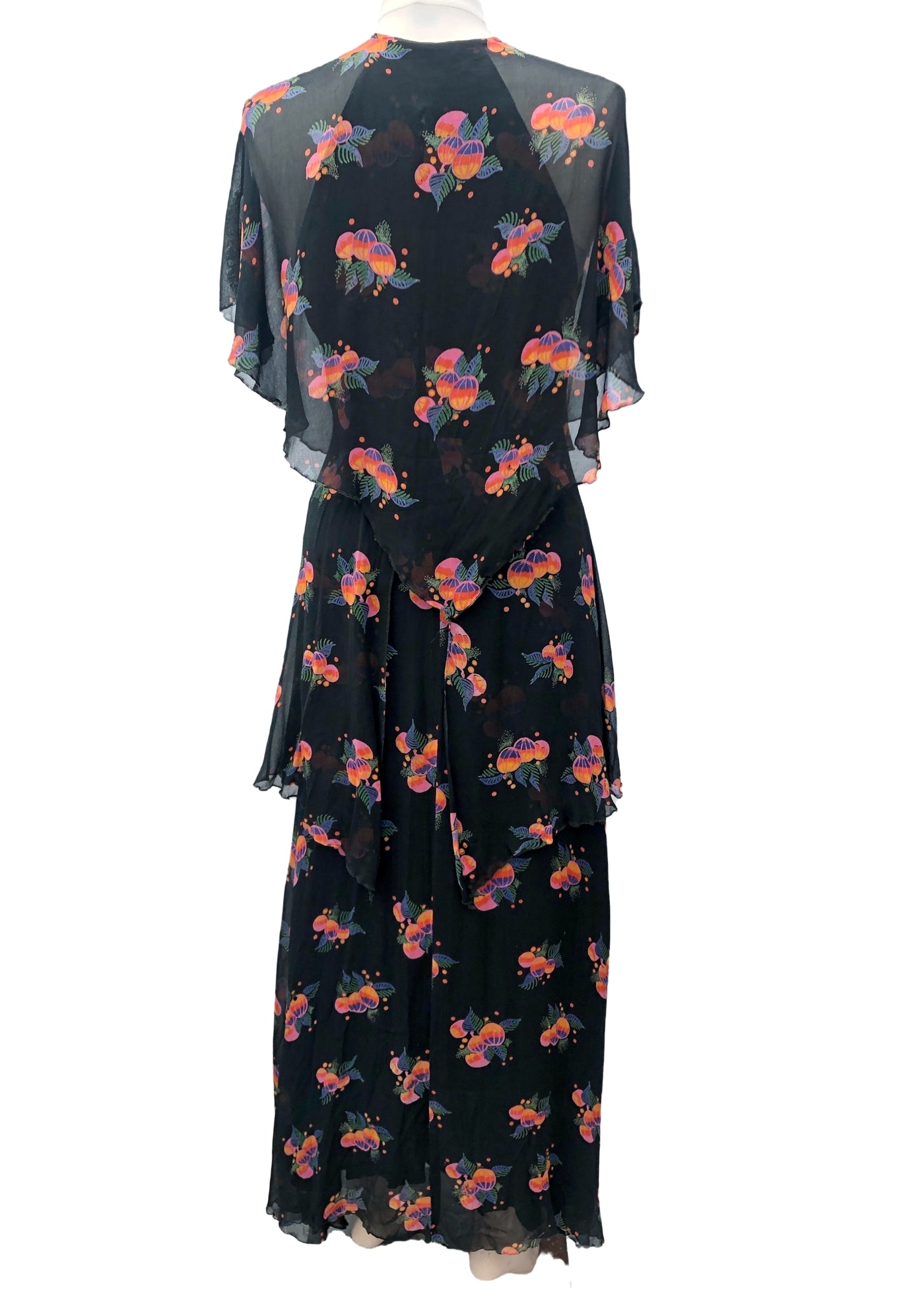 Vintage 70s does 30s Chiffon Caped Tiered Peplum Dress • Sleeveless