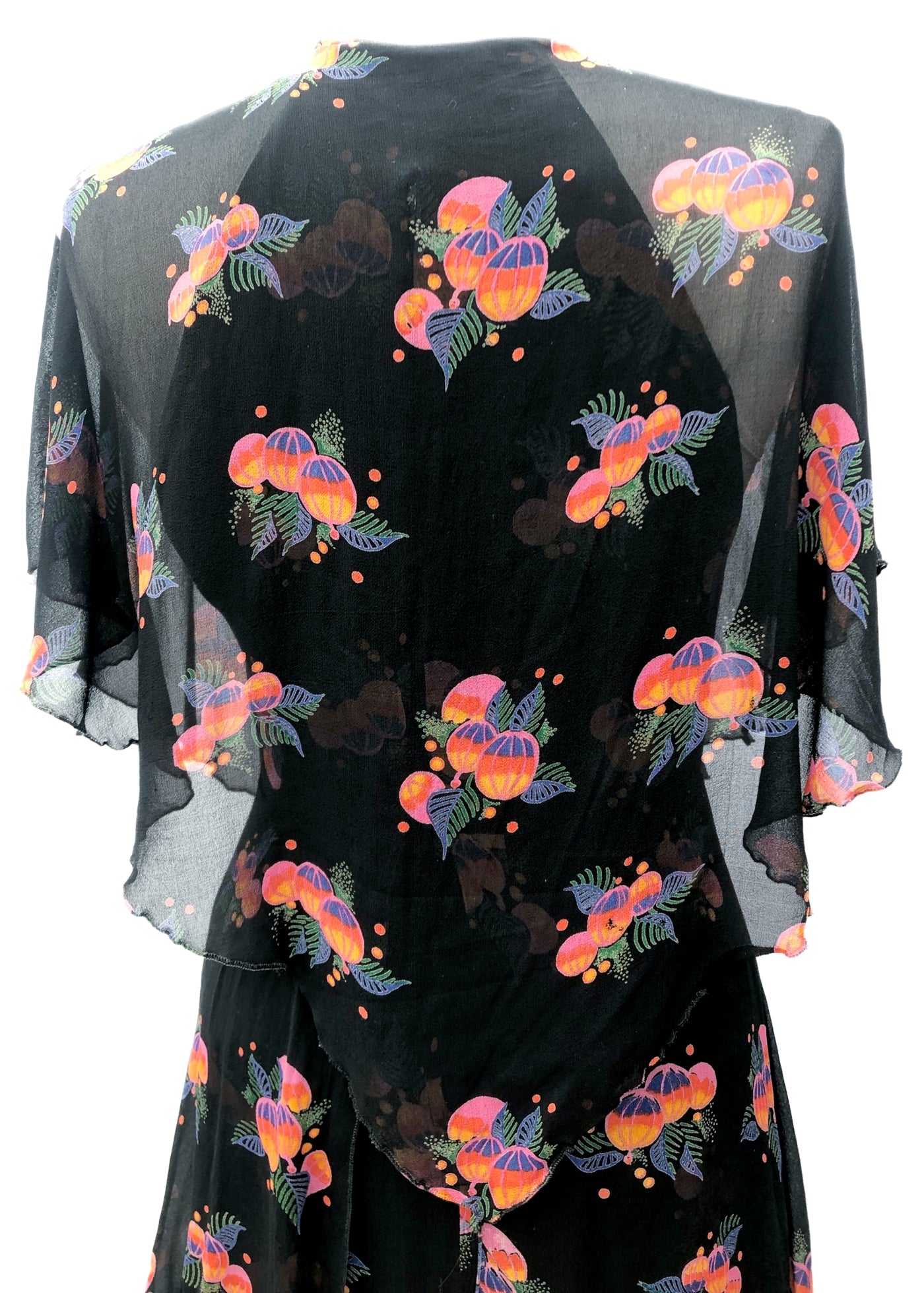 Vintage 70s does 30s Chiffon Caped Tiered Peplum Dress • Sleeveless