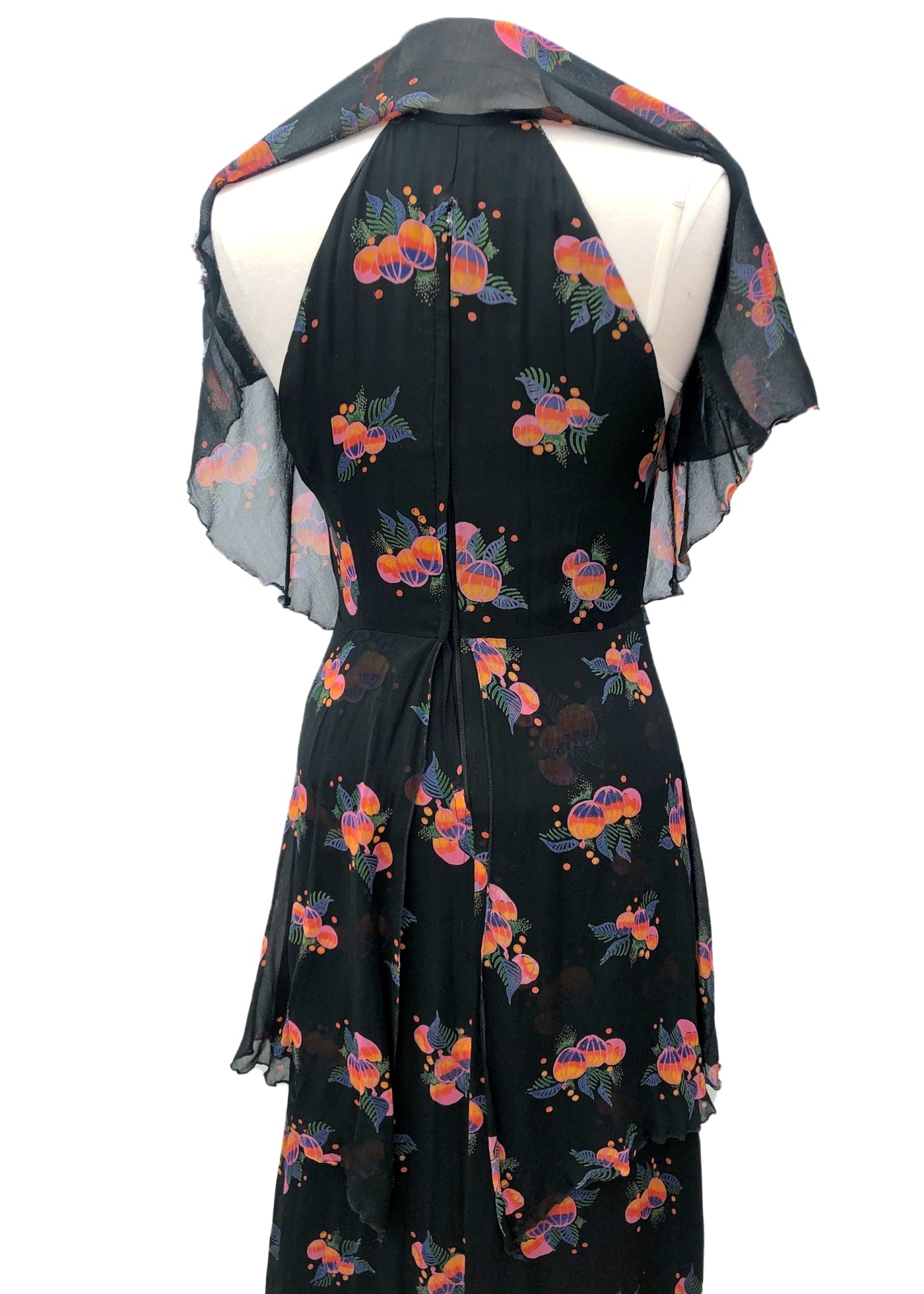 Vintage 70s does 30s Chiffon Caped Tiered Peplum Dress • Sleeveless