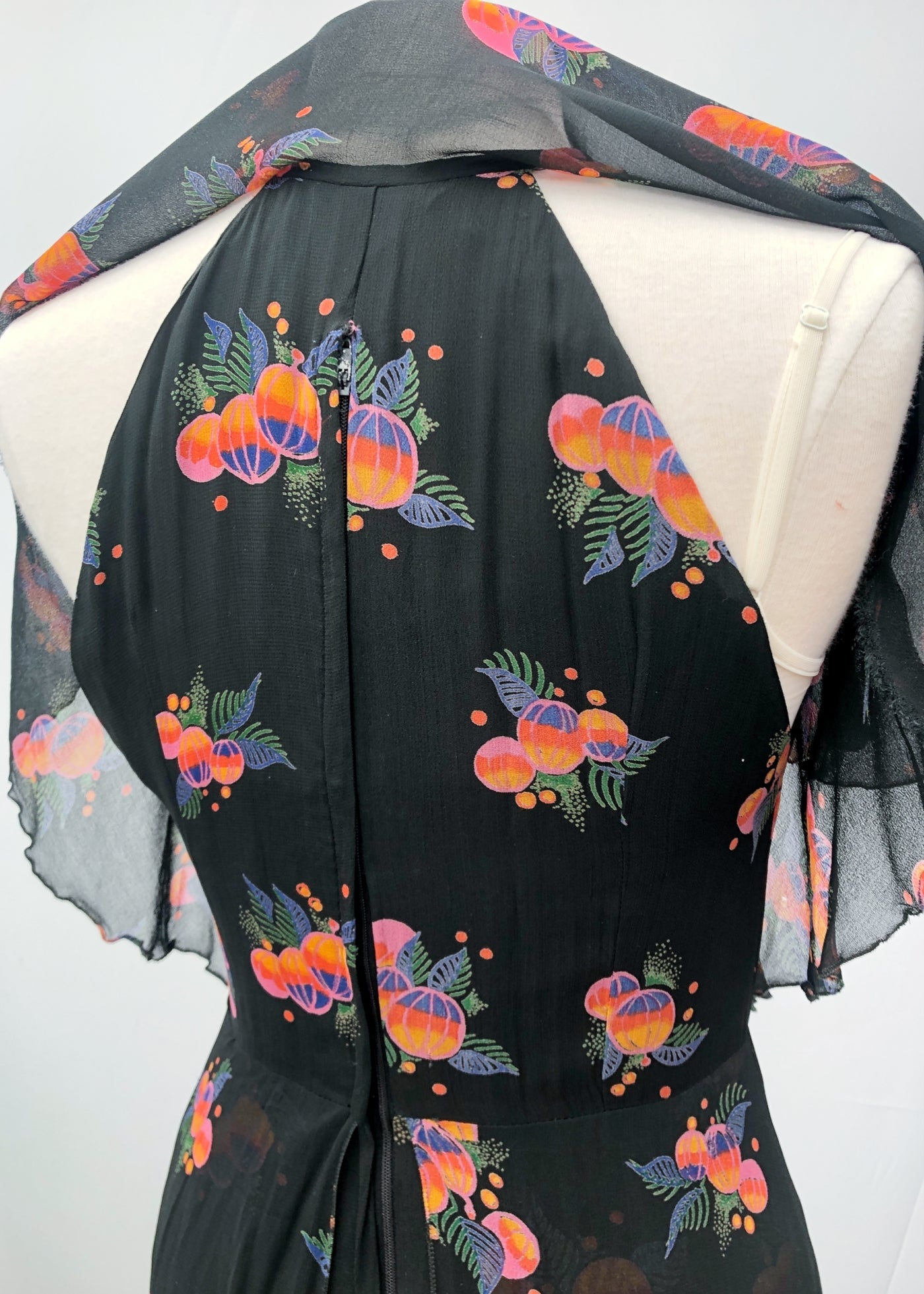 Vintage 70s does 30s Chiffon Caped Tiered Peplum Dress • Sleeveless