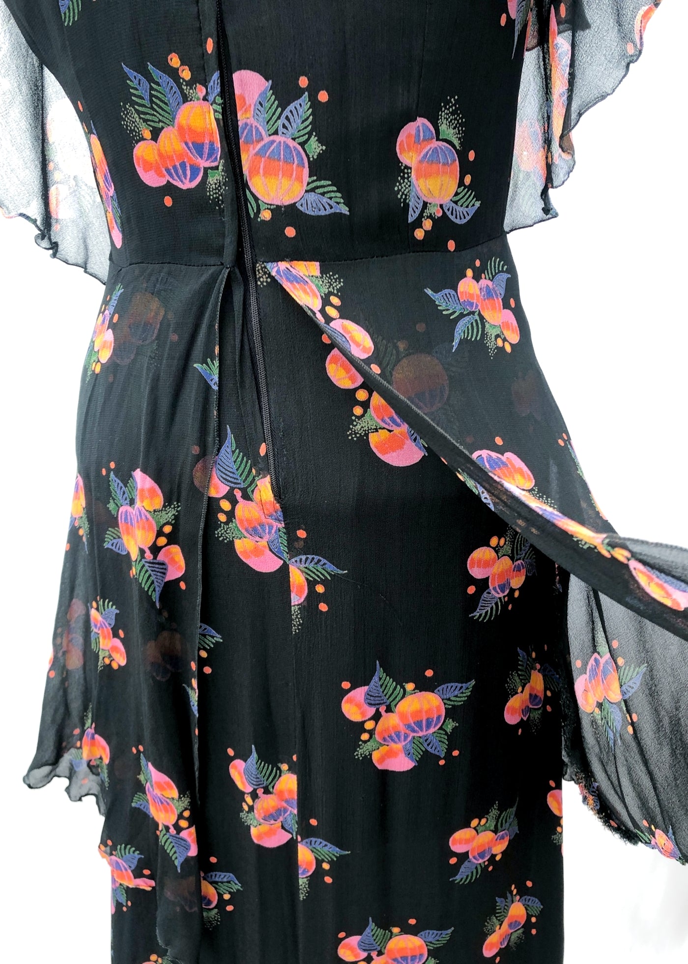 Vintage 70s does 30s Chiffon Caped Tiered Peplum Dress • Sleeveless