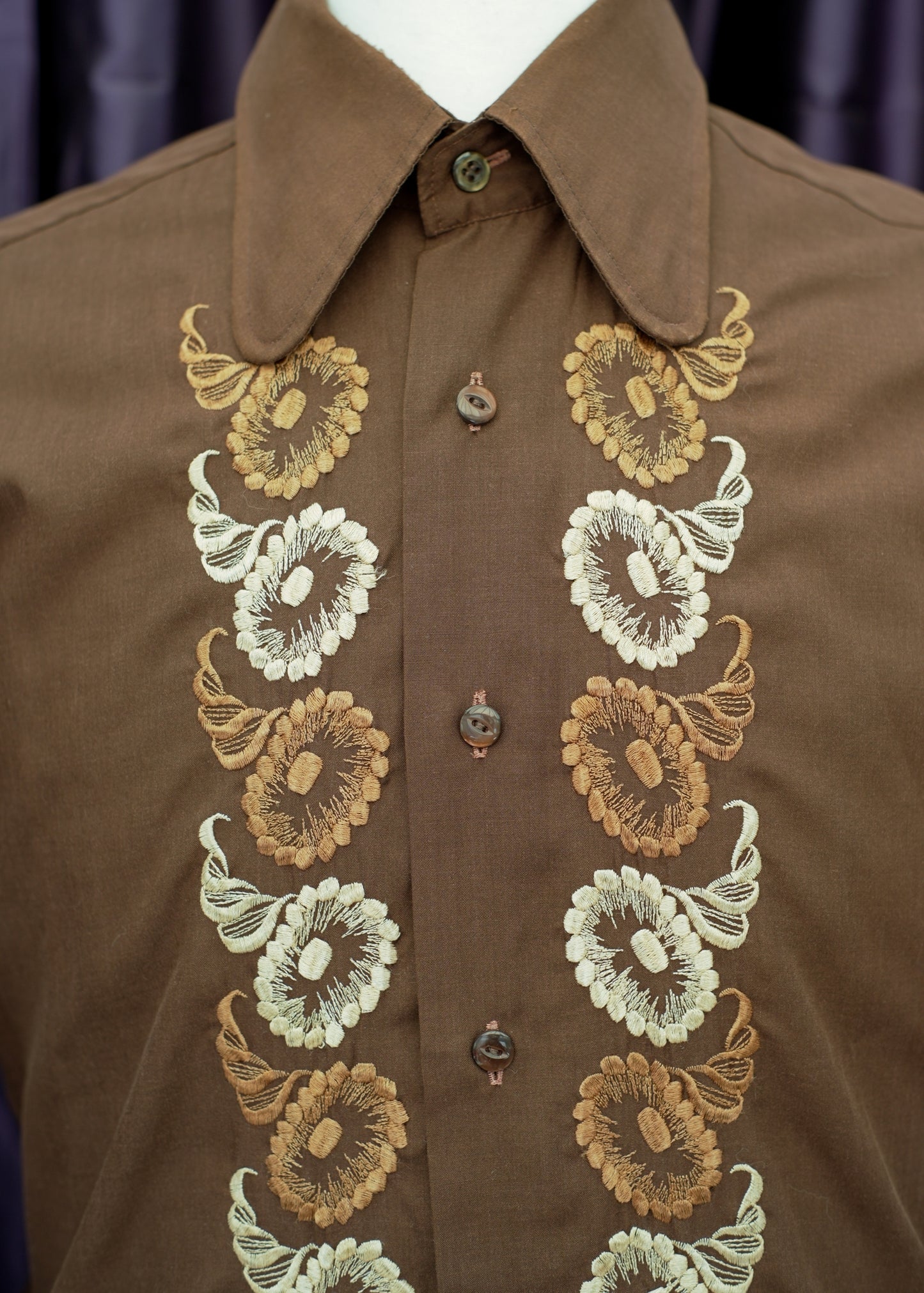 Vintage 60s Brown Embroidered Front Dress Shirt • Beagle Collar