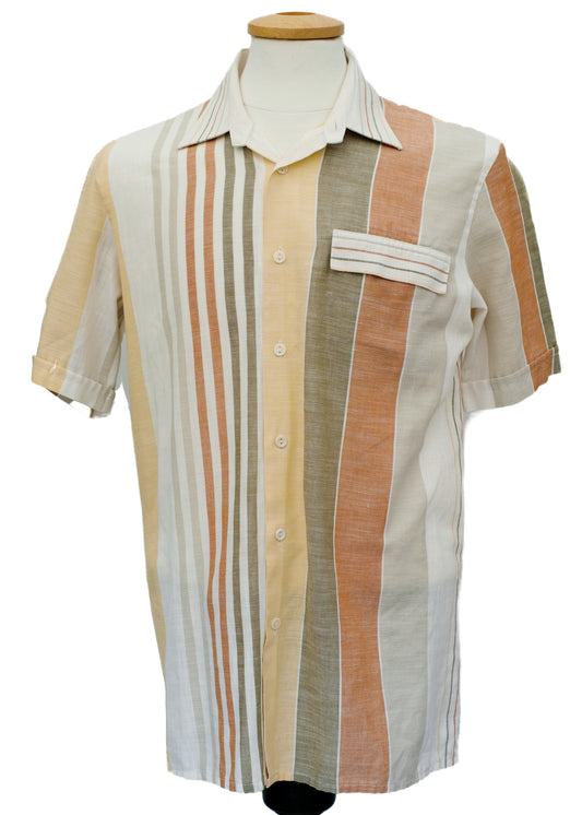 vintage 70s st michael short sleeve summer shirt for men, with muted earth tone vertical stripes, perfect for the costa del sol holiday
