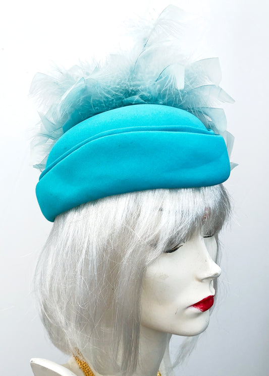 Vintage 80s Turquoise Coque Feather Wedding Hat