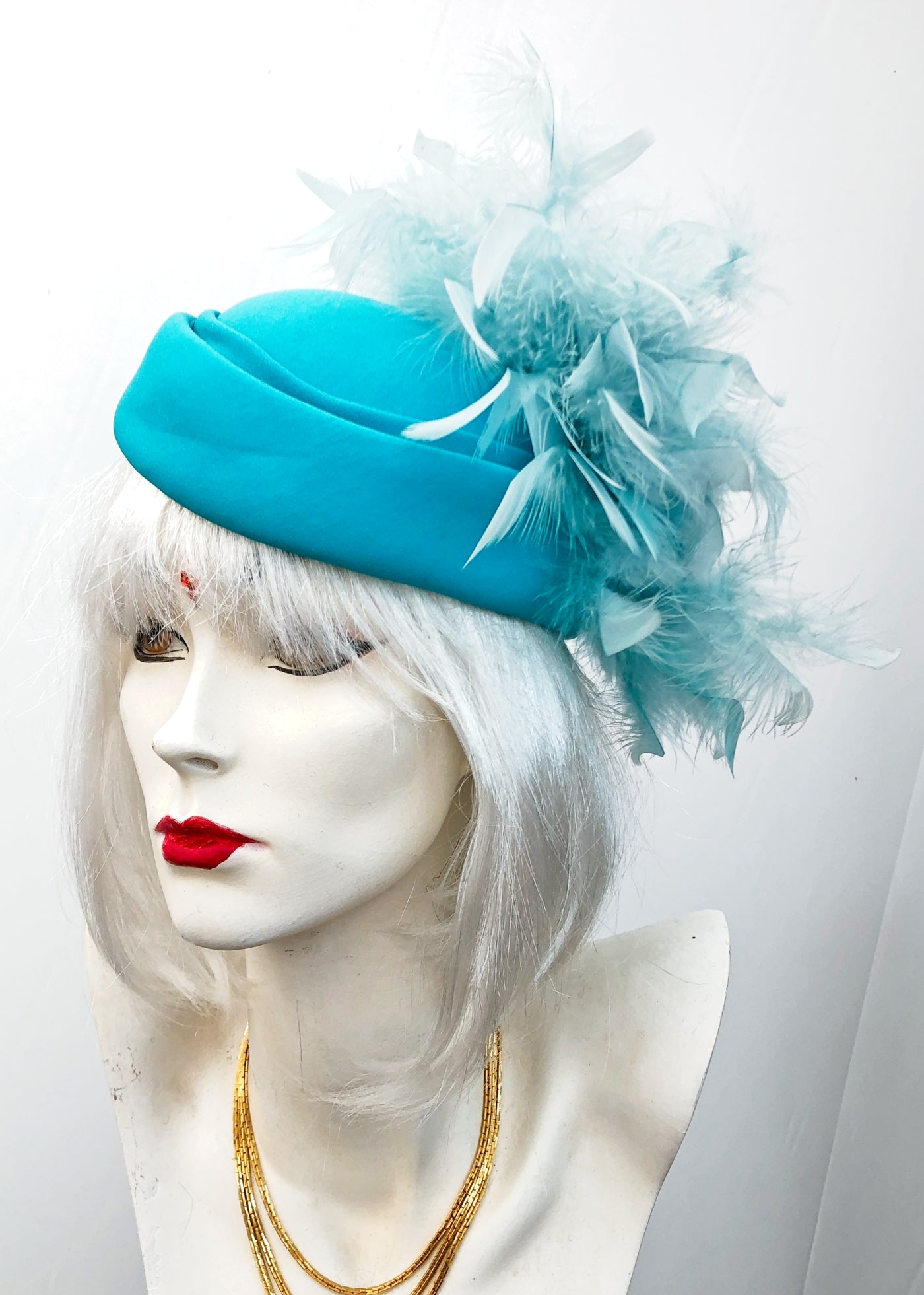 Vintage 80s Turquoise Felt Coque Feather Hat