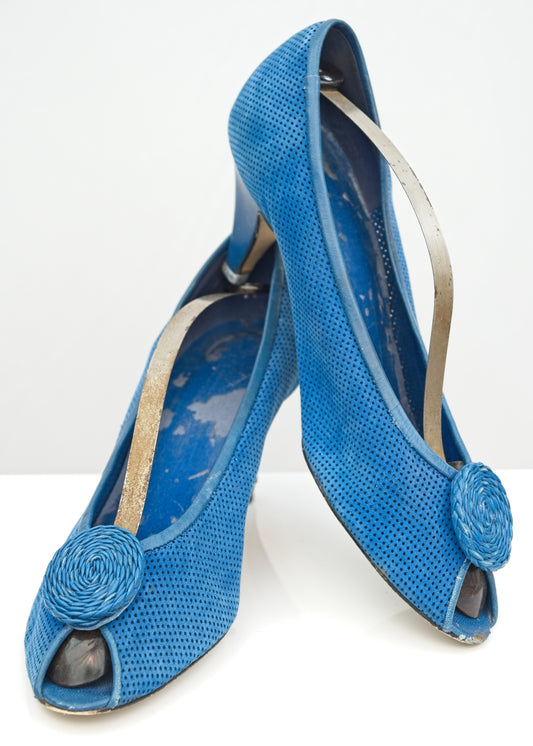 vintage 80s blue suede peep toe court shoes with 3 inch heel