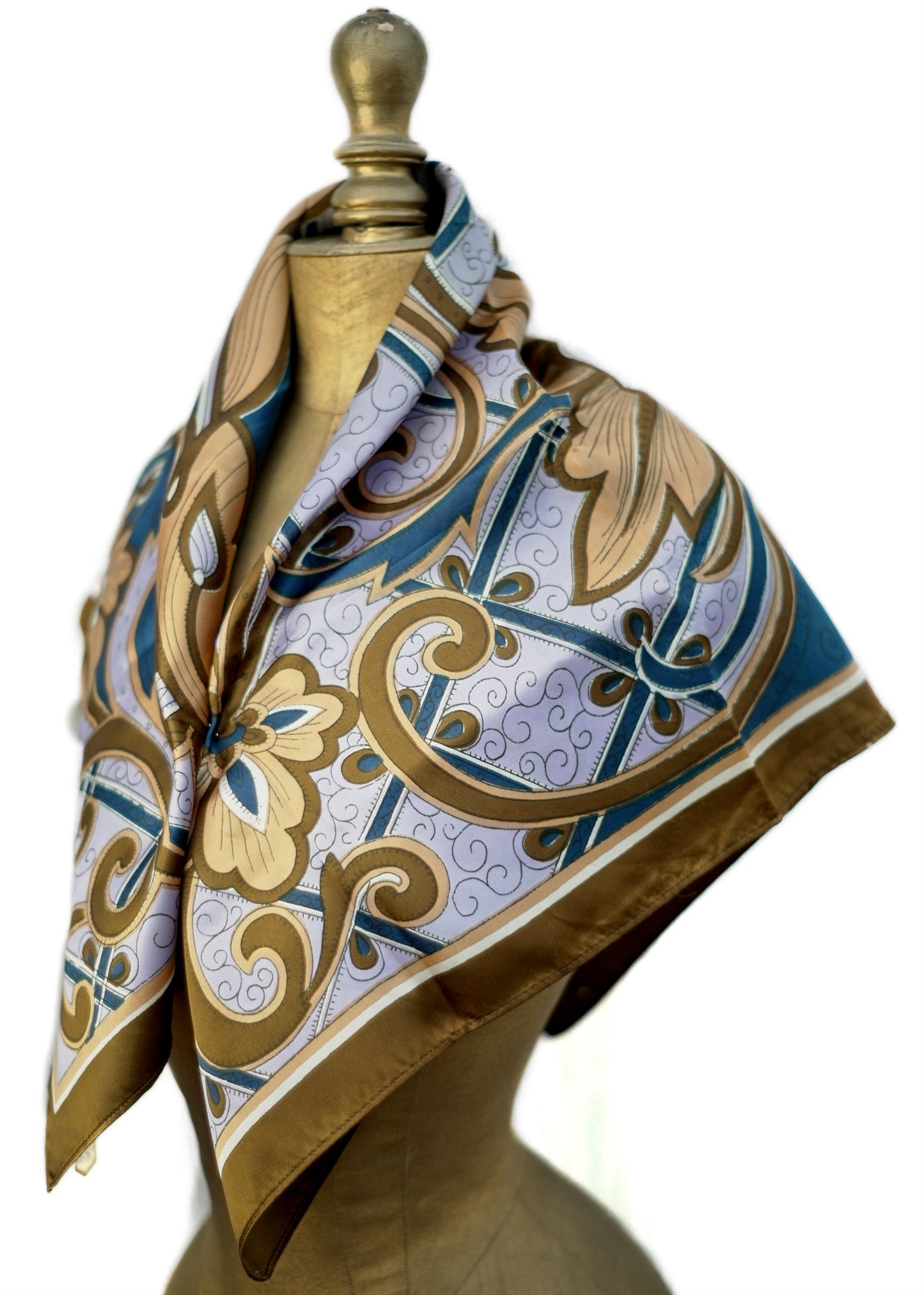 Shiny Brown and Blue Abstract Floral Vintage Scarf
