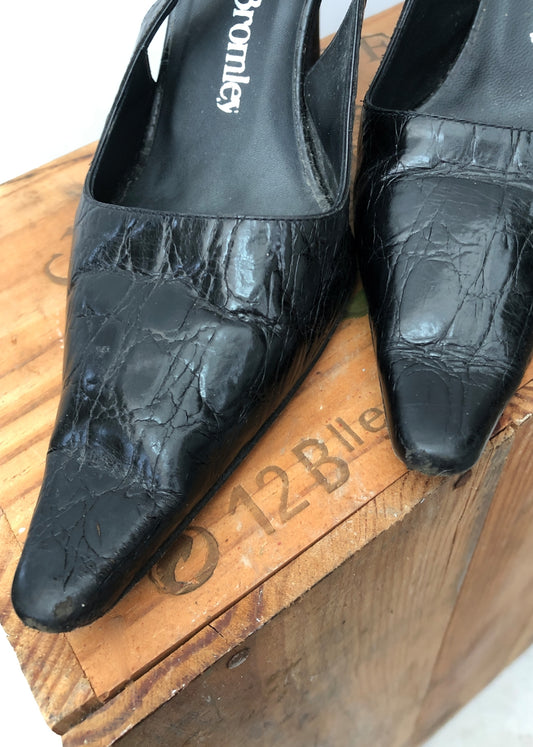 Vintage 90s Russell & Bromley Black Pointy Slingback Sandals Shoes • size UK4