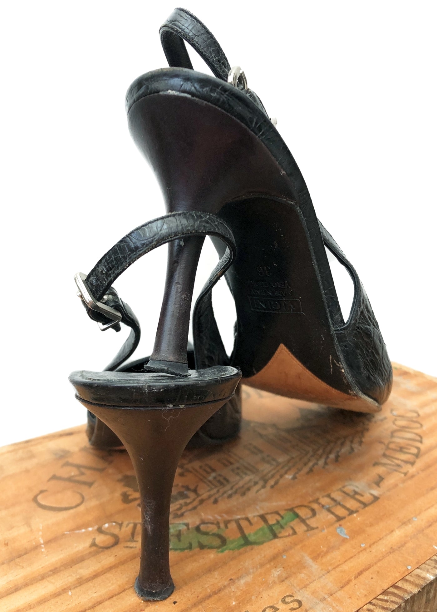 Vintage 90s Russell & Bromley Black Pointy Slingback Sandals Shoes • size UK4