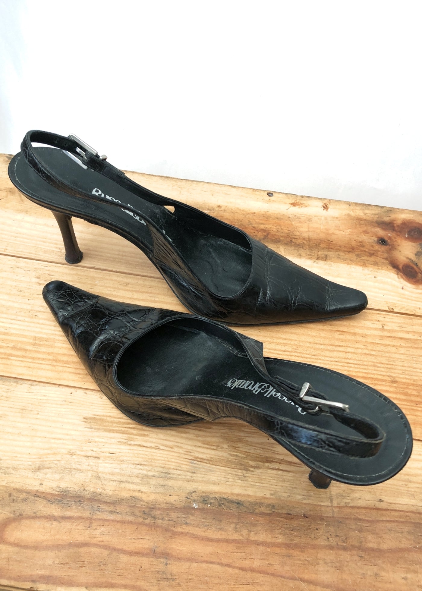 Vintage 90s Russell & Bromley Black Pointy Slingback Sandals Shoes • size UK4