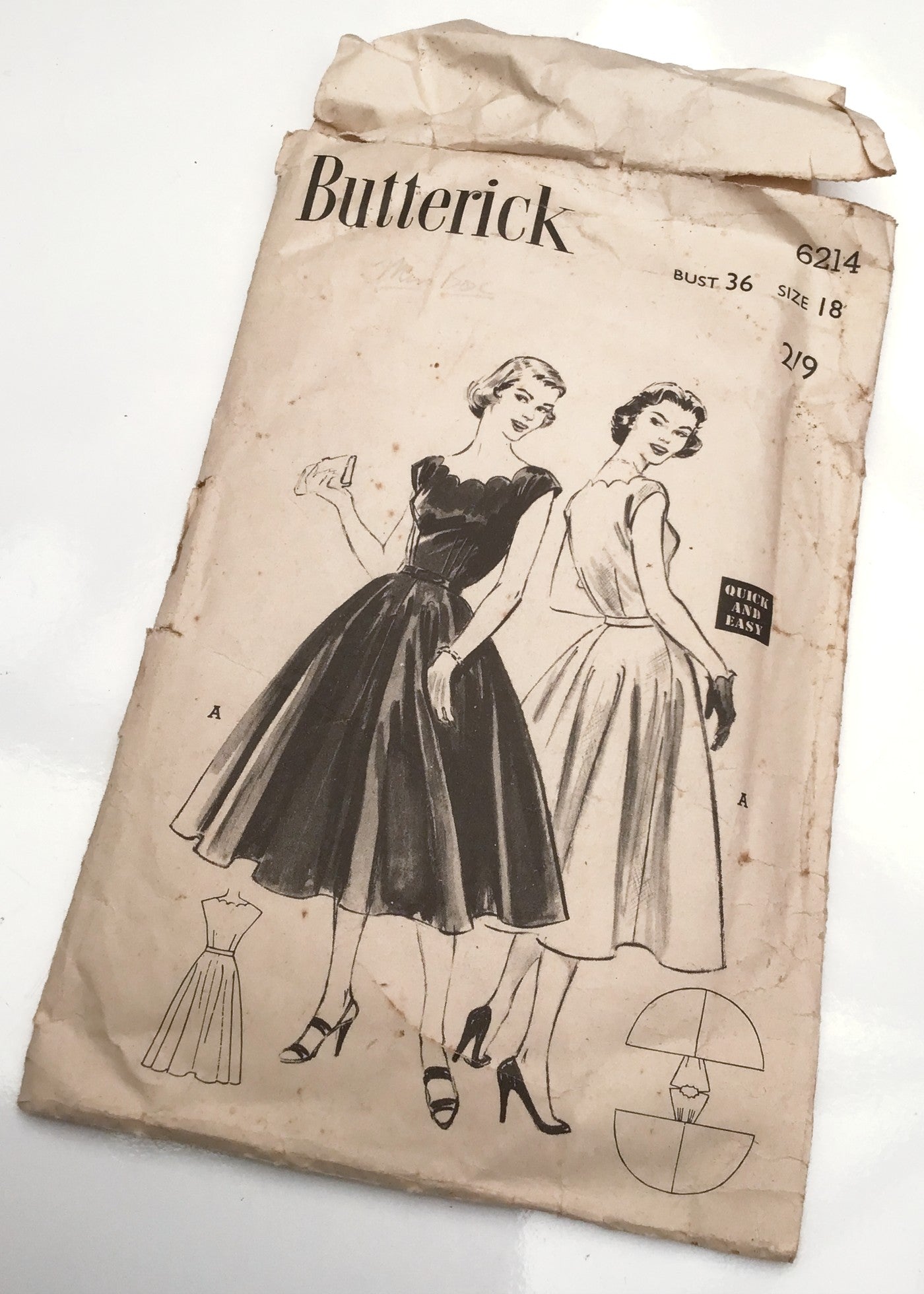 1950s Vintage Butterick #6214 Dressmaking Pattern • Fit & Flare Dress 36"