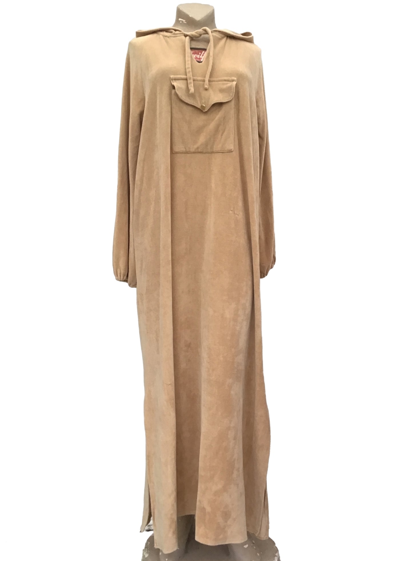 Vintage 60s 70s Camel Velour Hooded Maxi Dress • Cosy House Dress