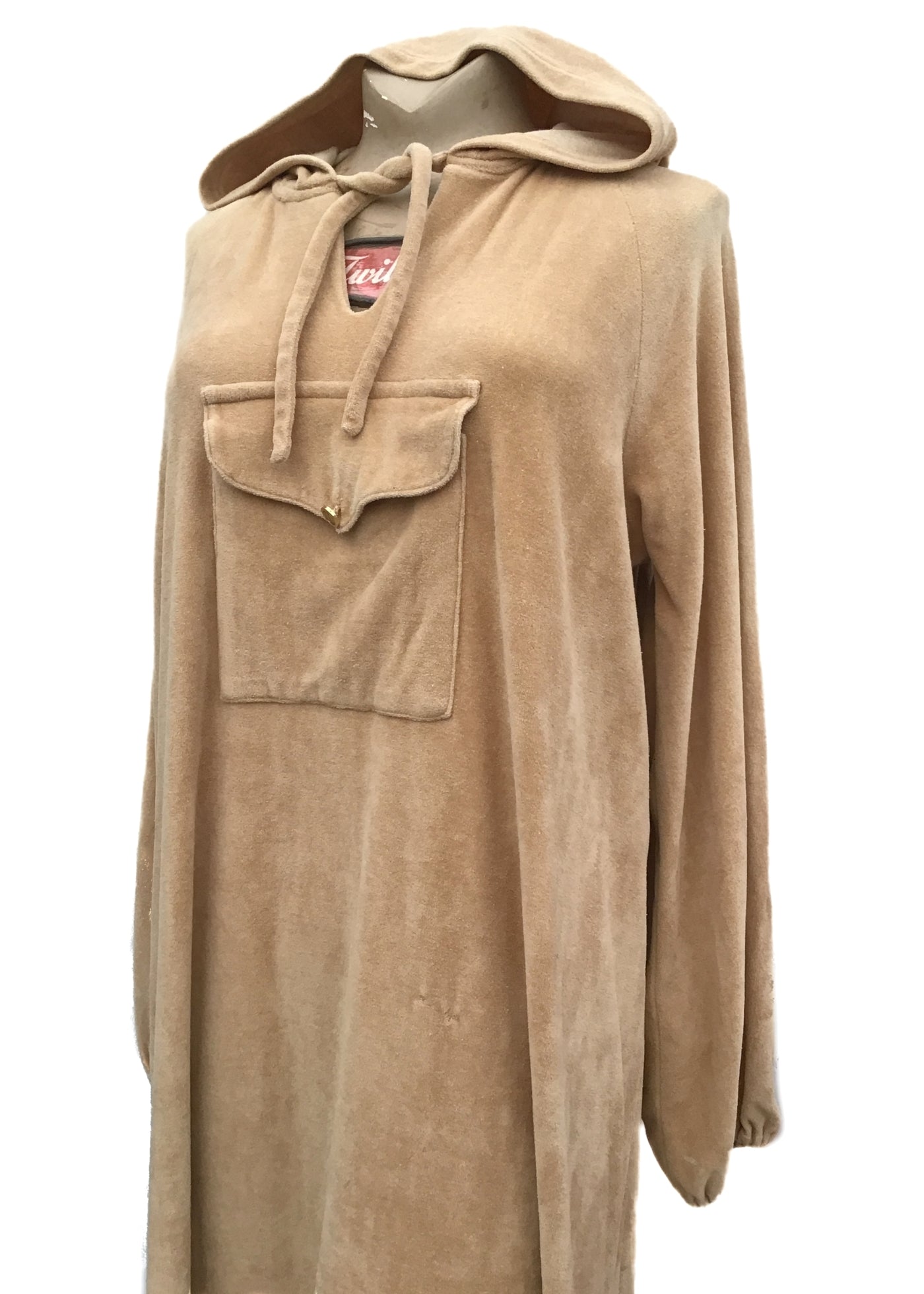 Vintage 60s 70s Camel Velour Hooded Maxi Dress • Cosy House Dress