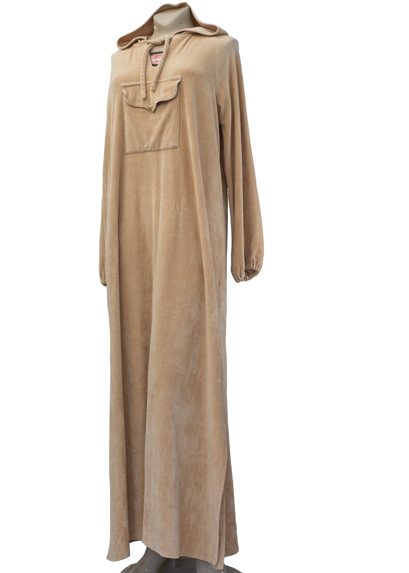 Vintage 60s 70s Camel Velour Hooded Maxi Dress • Cosy House Dress