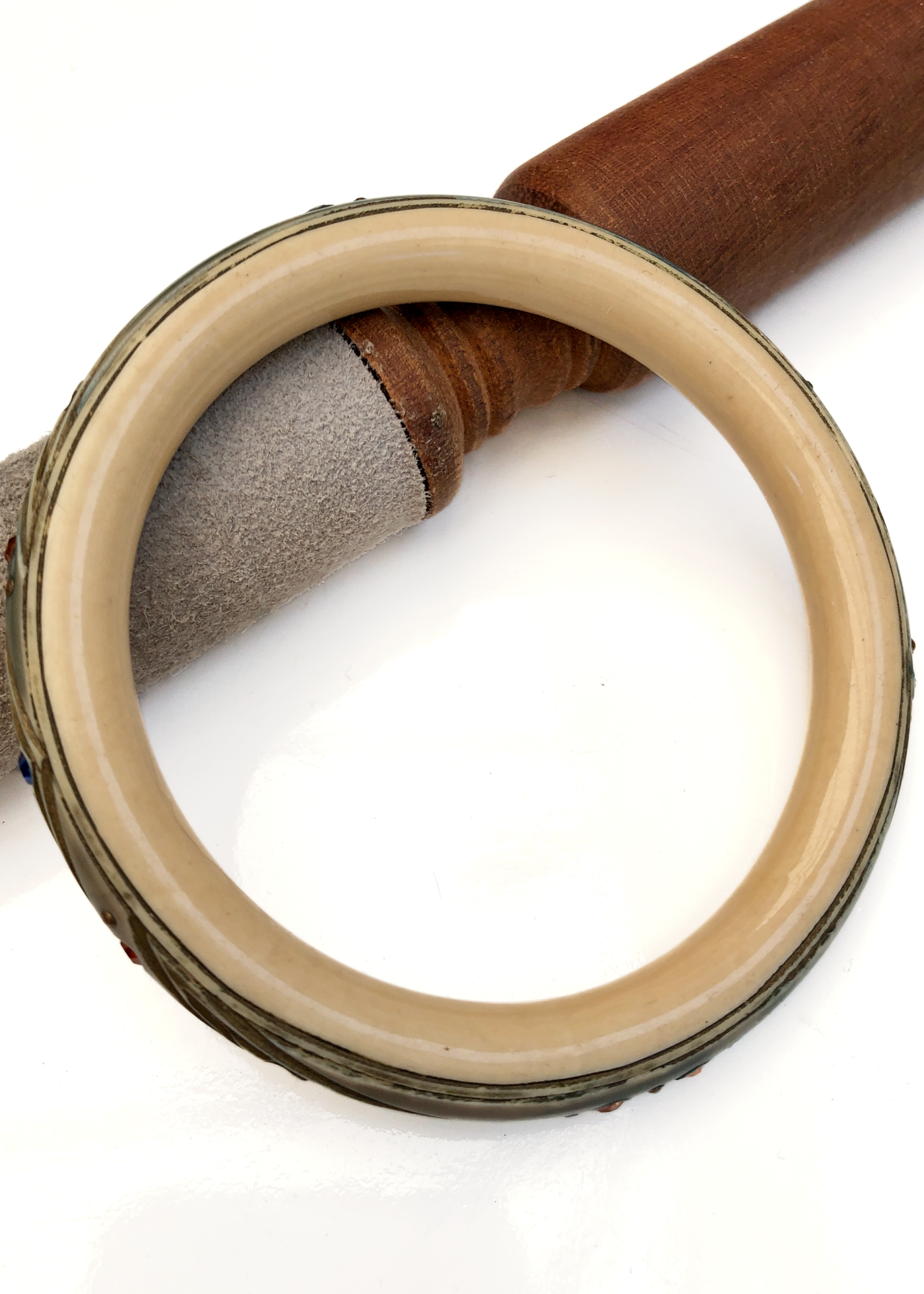 Vintage Art Deco Carved Celluloid Bangle Set Rhinestones