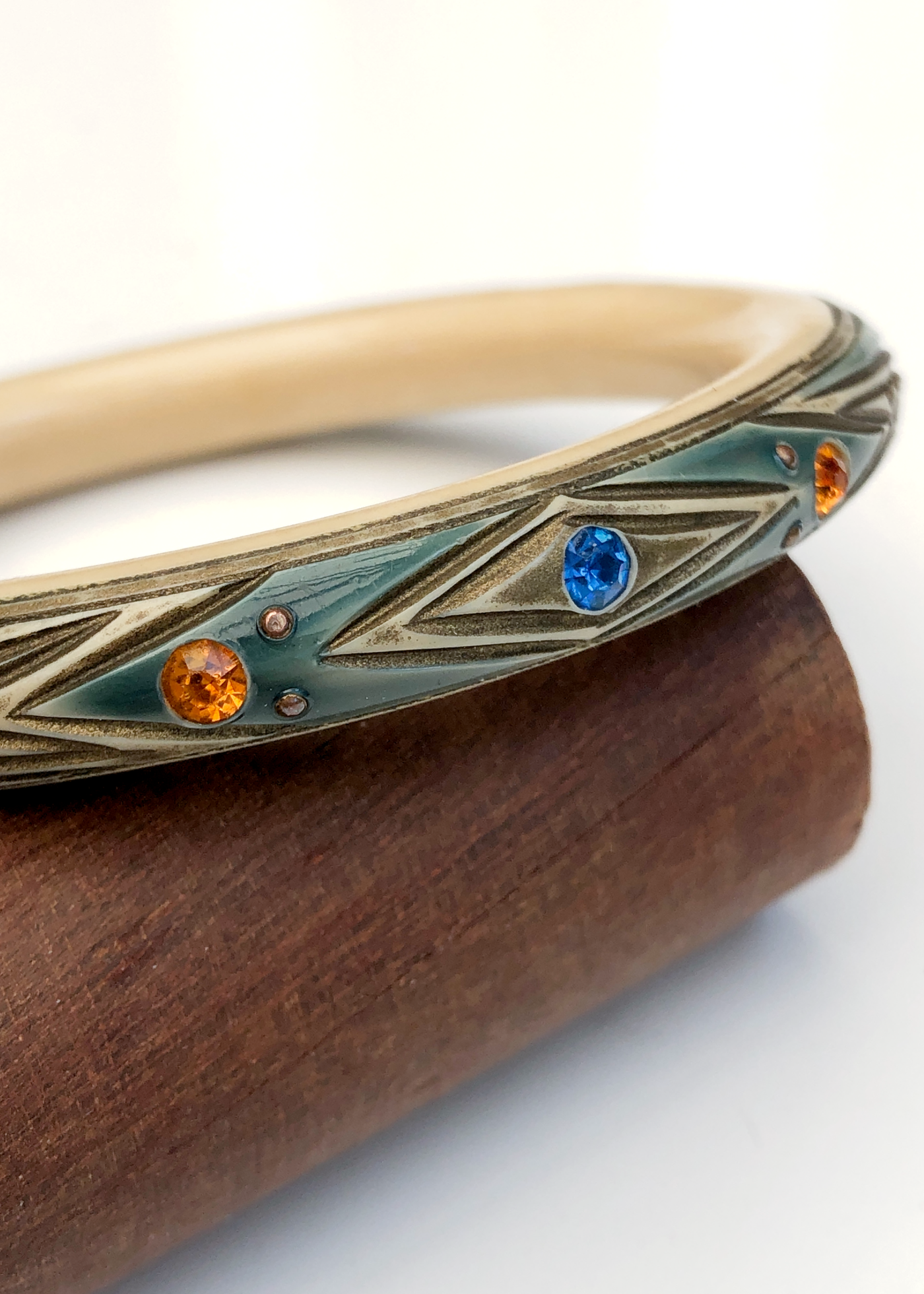 Vintage Art Deco green Carved Celluloid Bangle with orange and blue Set Rhinestones