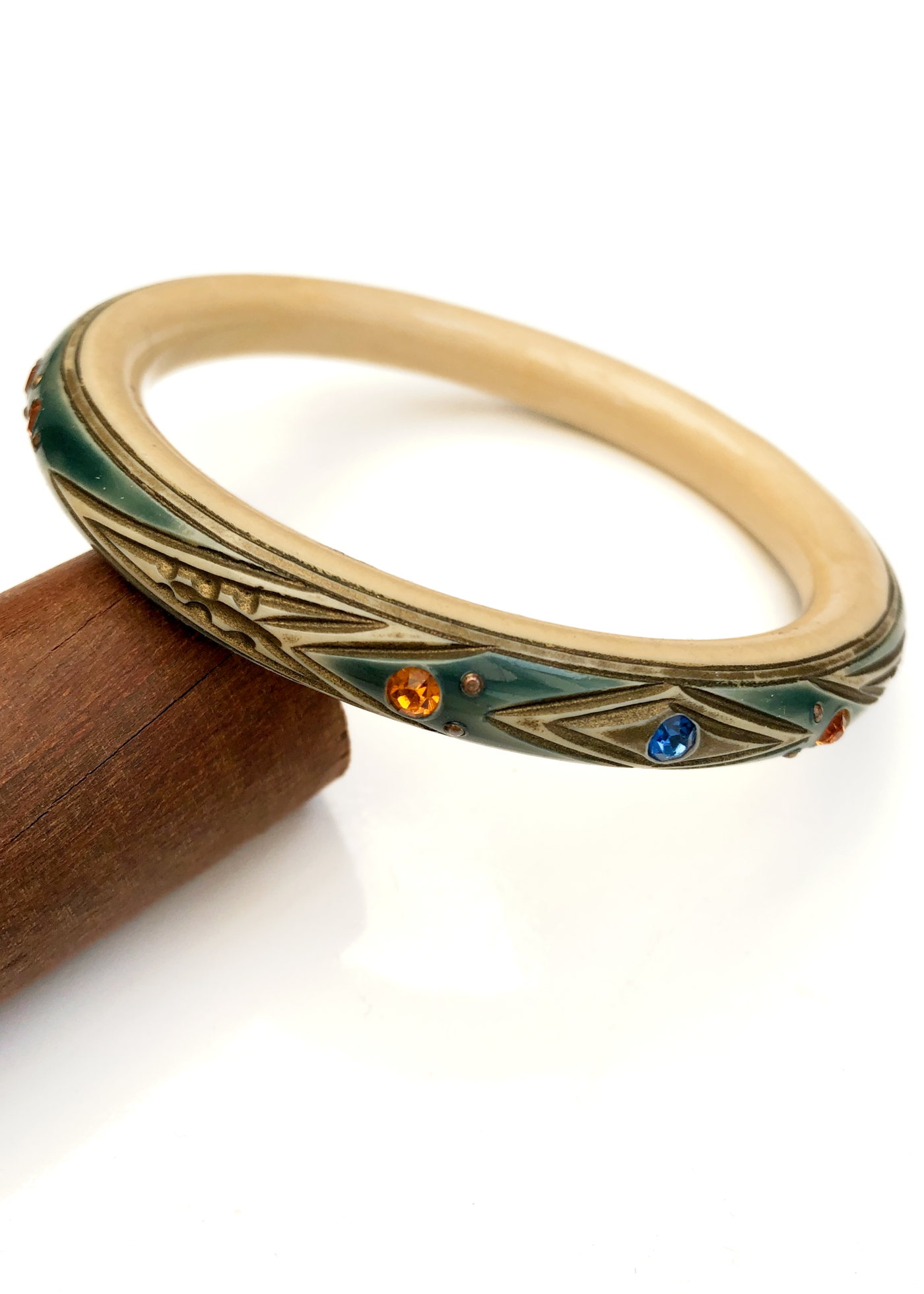 Vintage Art Deco Carved Celluloid Bangle Set Rhinestones