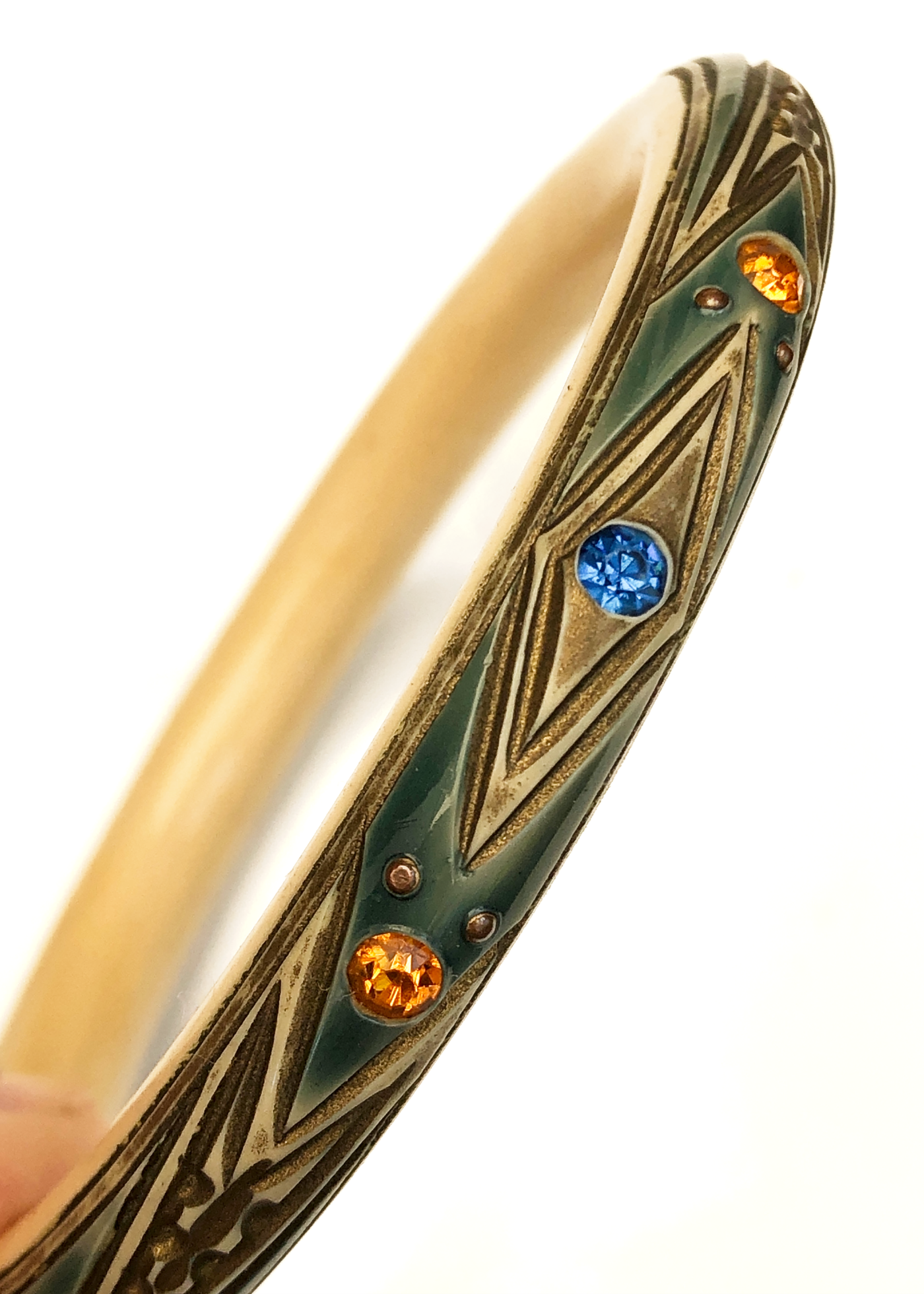 Vintage Art Deco Carved Celluloid Bangle Set Rhinestones