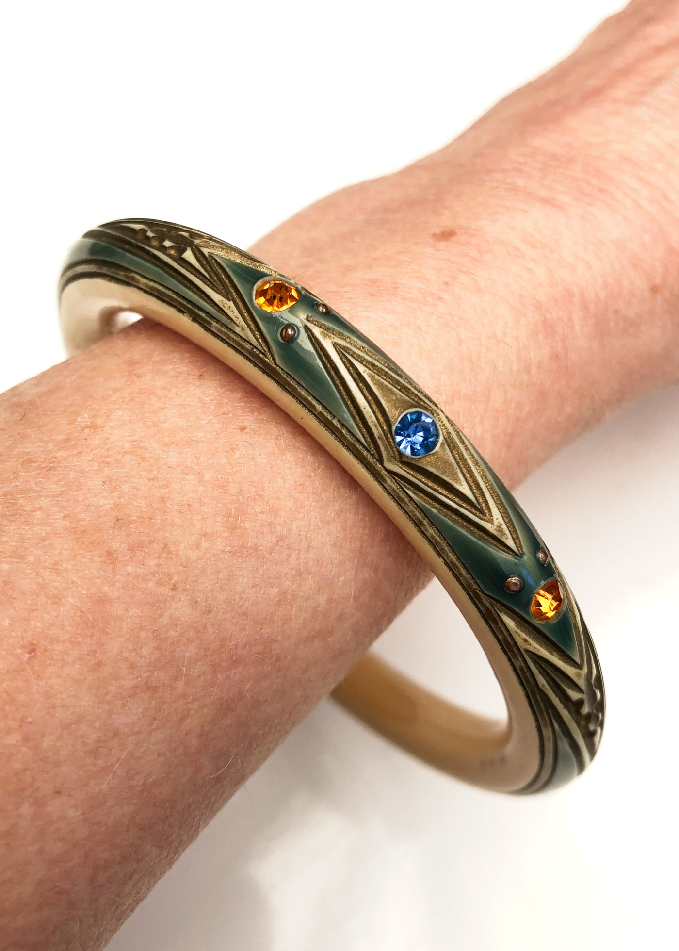 Vintage Art Deco Carved Celluloid Bangle Set Rhinestones