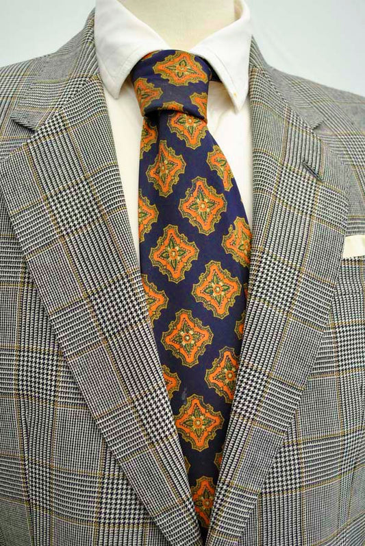 Men's Vintage Navy Blue and Orange Silk Tie by Guards