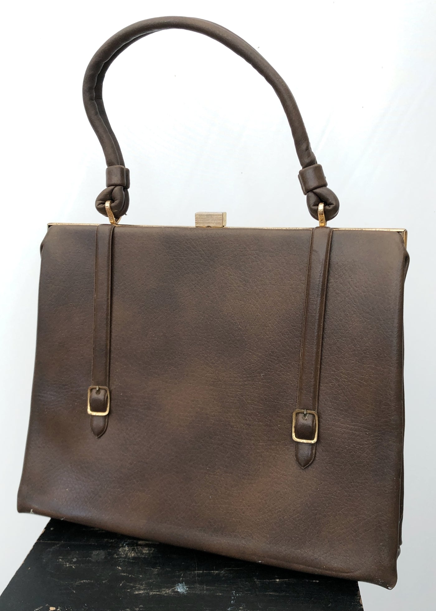 Vintage 70s Large Brown Vinyl Top Handle Handbag Bag