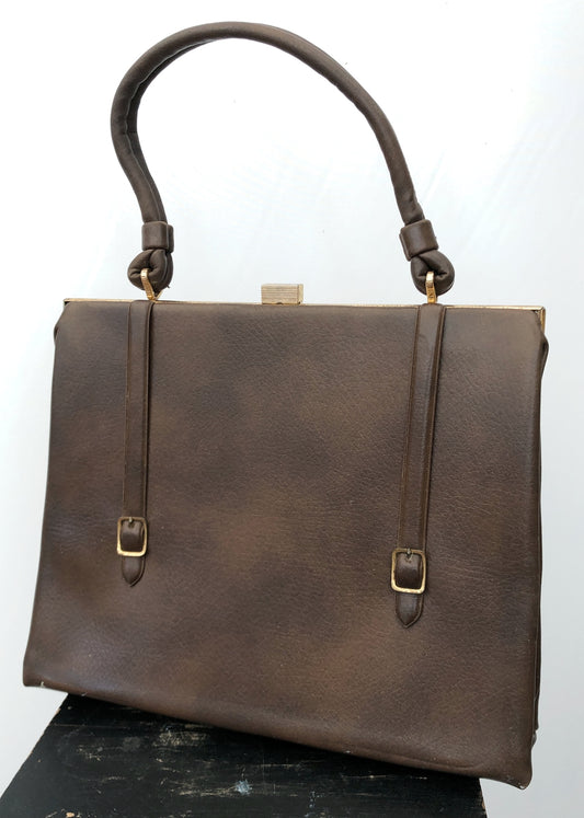 Vintage 70s Large Brown Vinyl Top Handle Handbag Bag