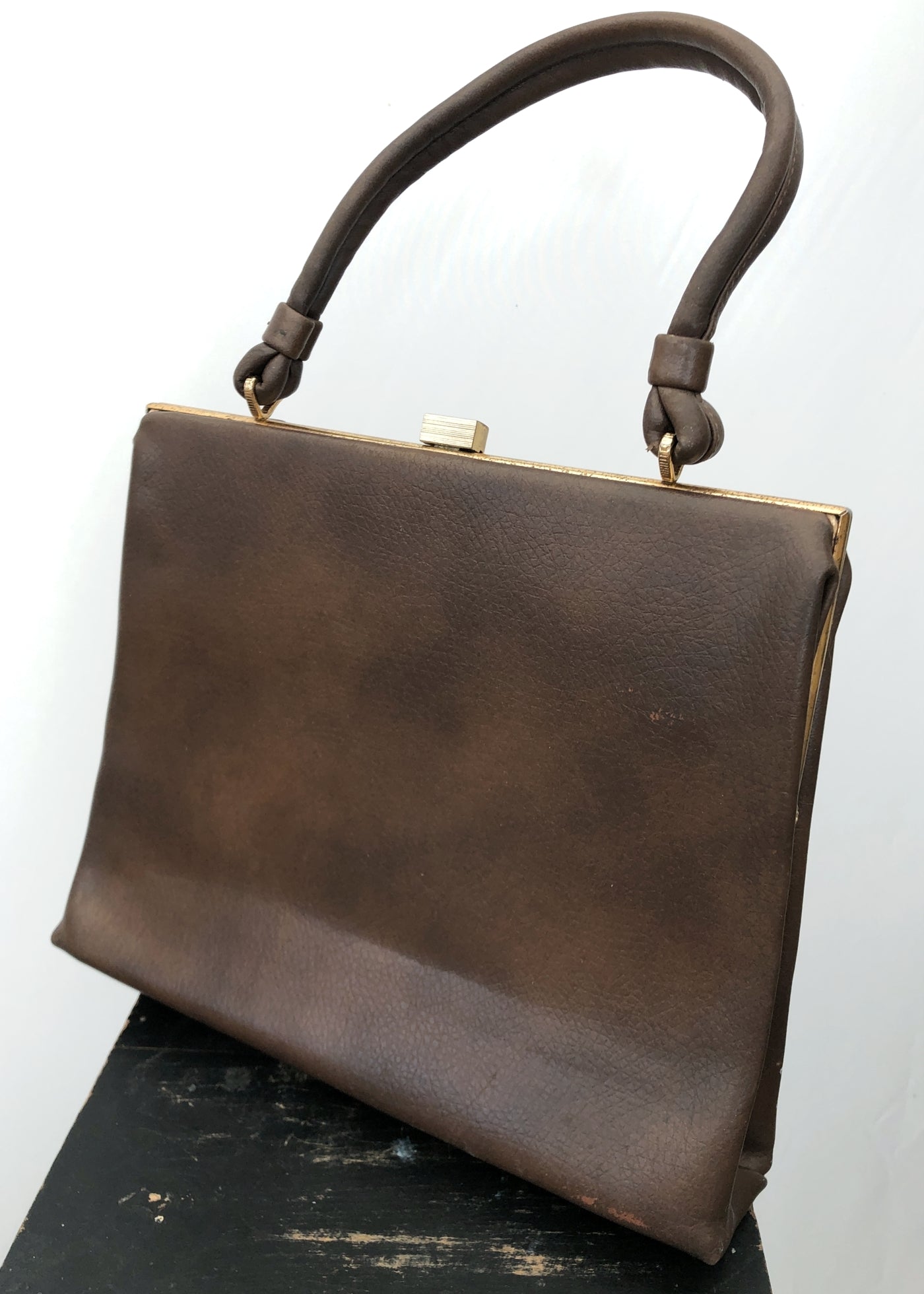 Vintage 70s Large Brown Vinyl Top Handle Handbag Bag