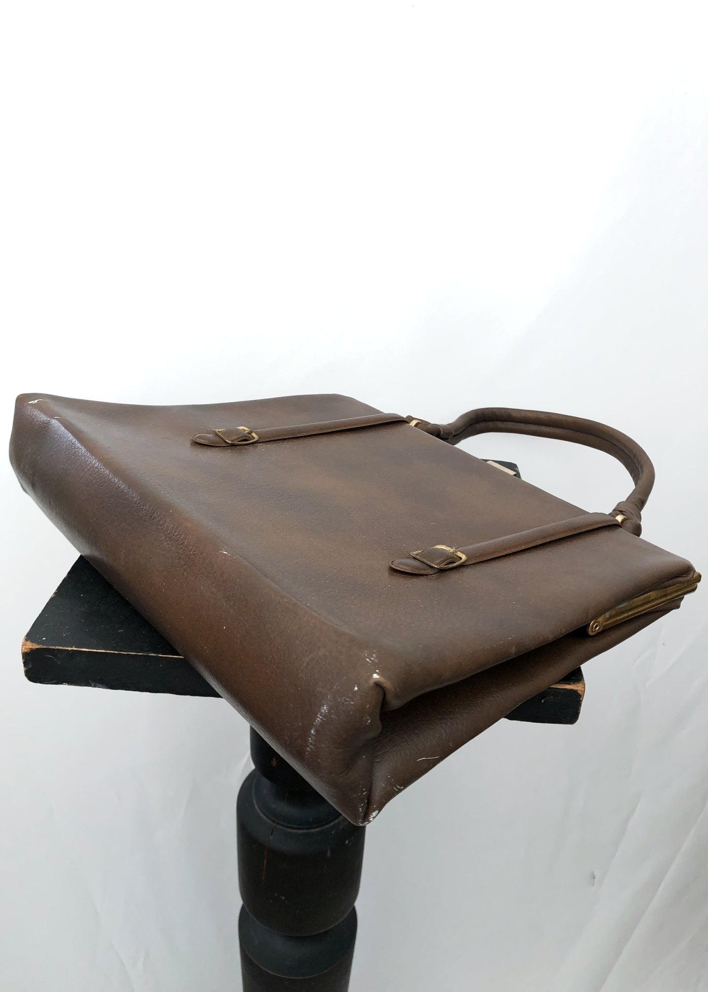 Vintage 70s Large Brown Vinyl Top Handle Handbag Bag