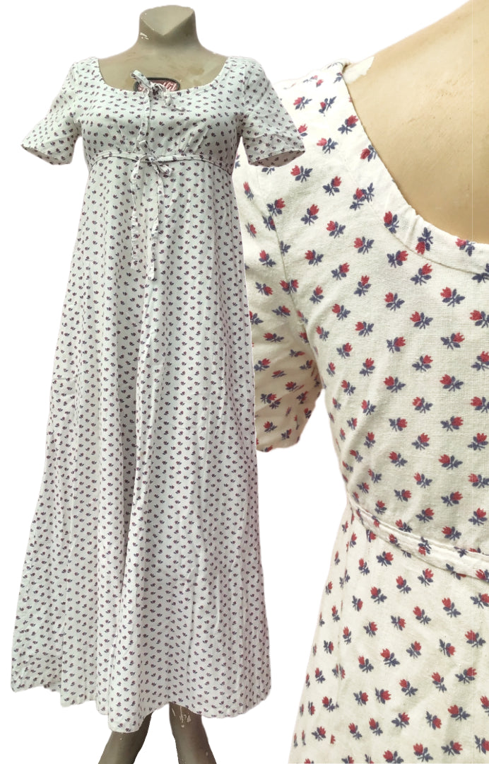 extremely rare laura ashley regency style cotton dress made in wales label, white cotton ditsy floral print