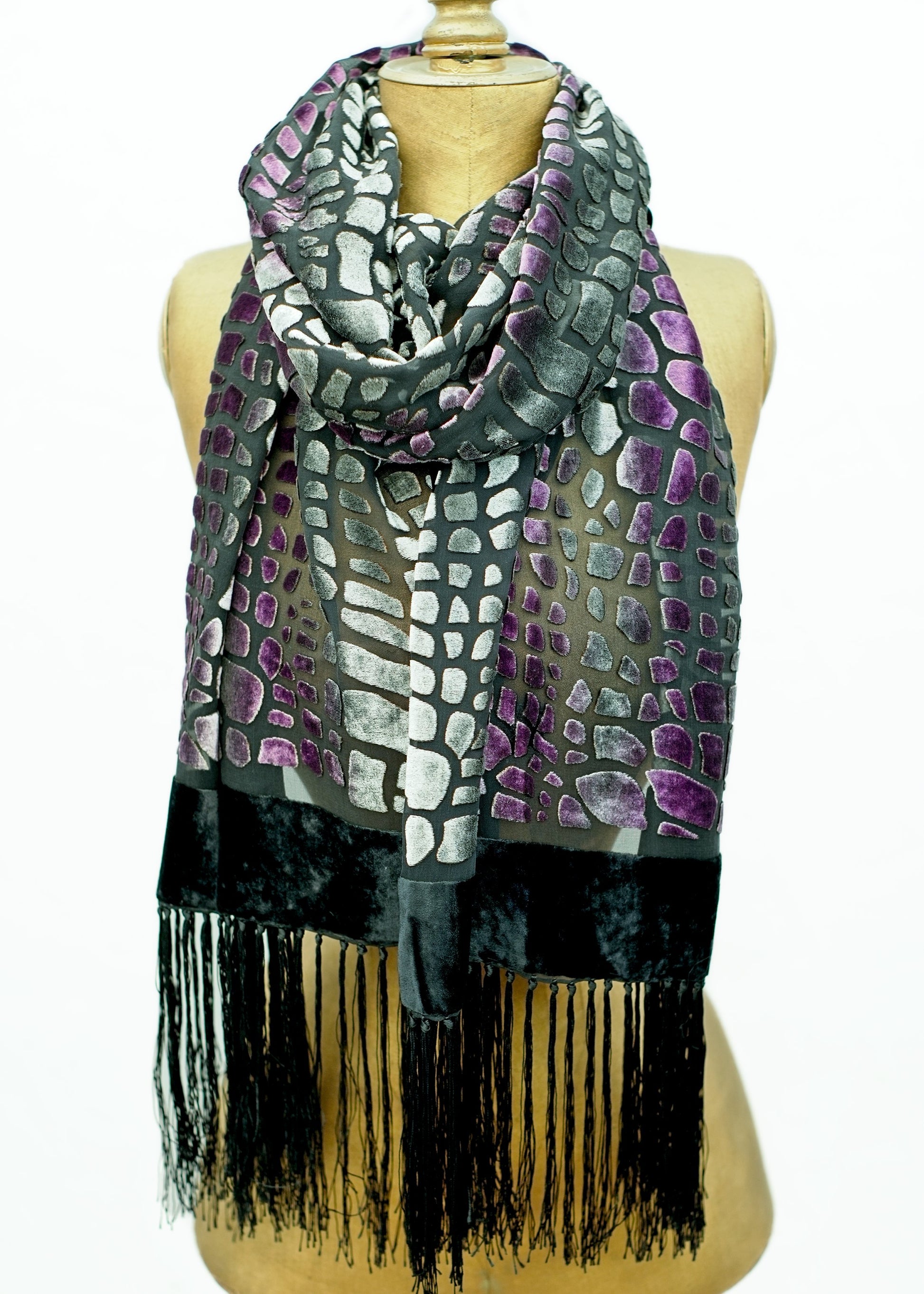 stunning silk velvet devore evening scarf in purple, silver and black with long tassel fringing
