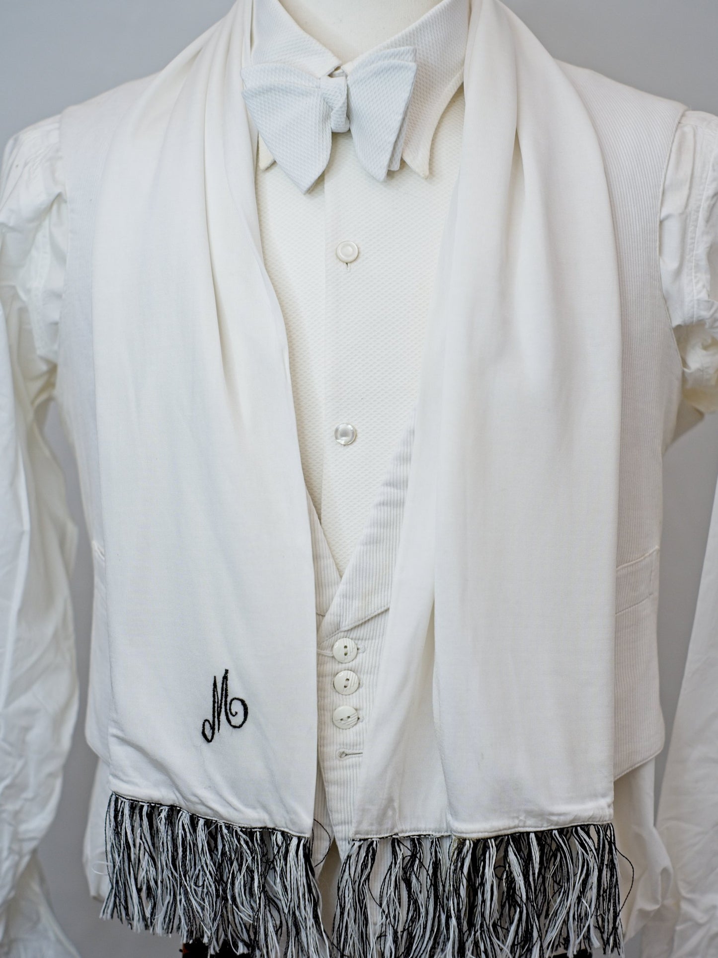 Men's Vintage 1960s White Rayon Knit Evening Scarf • Monogram 'M'