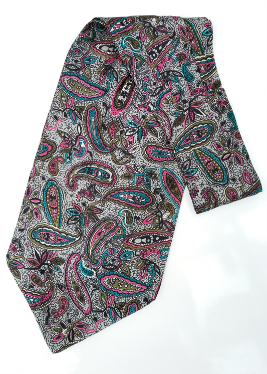 Vintage 60s Paisley Cravat • Grey, Pink, Turquoise pattern