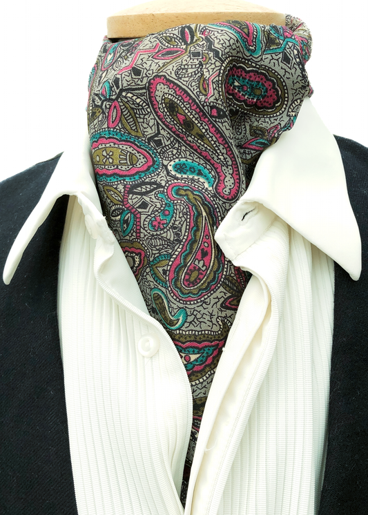 Vintage 60s Paisley Cravat • Grey, Pink, Turquoise